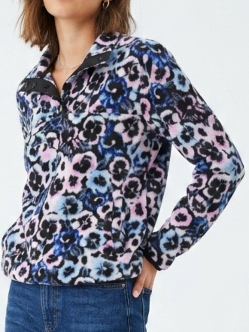 VERA BRADLEY Sporty Fleece Pullover Pink Pansies Floral Top M